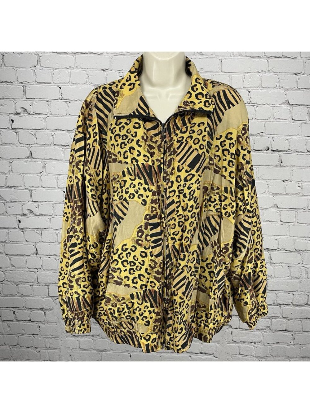 Rhoda Lynne Yellow Silk Animal Print Lightweight Windbreaker Jacket Size 1XL